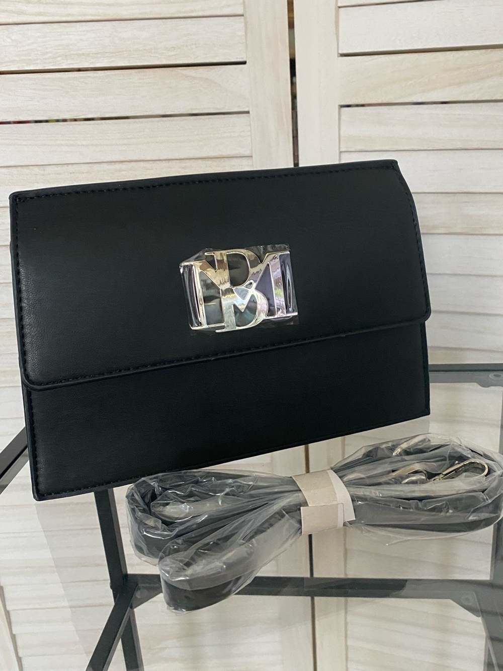 Badgley Mischka Black Vegan Crossbody with Silver Logo Plaque NWT